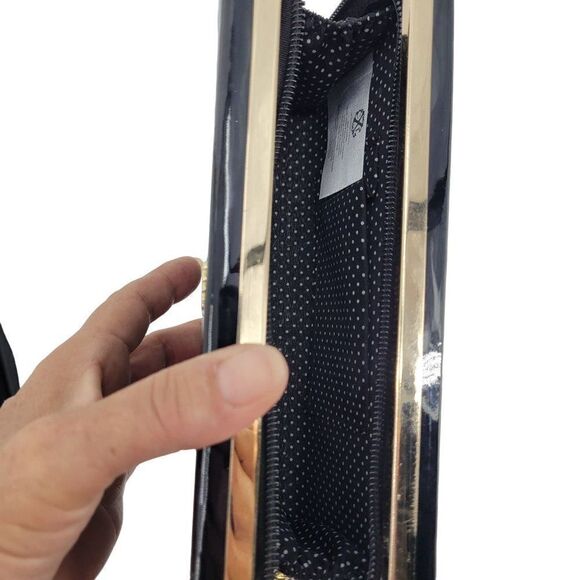 Christian Lacroix Evening Clutch Black Vegan Faux Patent Leather Framed Zip - Picture 11 of 13